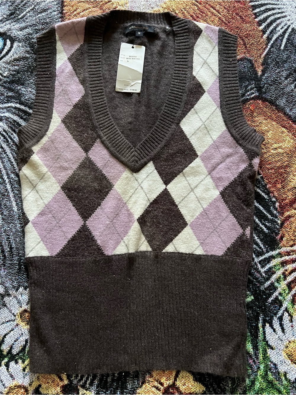 Brown Argyle V-Neck Sweater Vest - Brown & Lavender